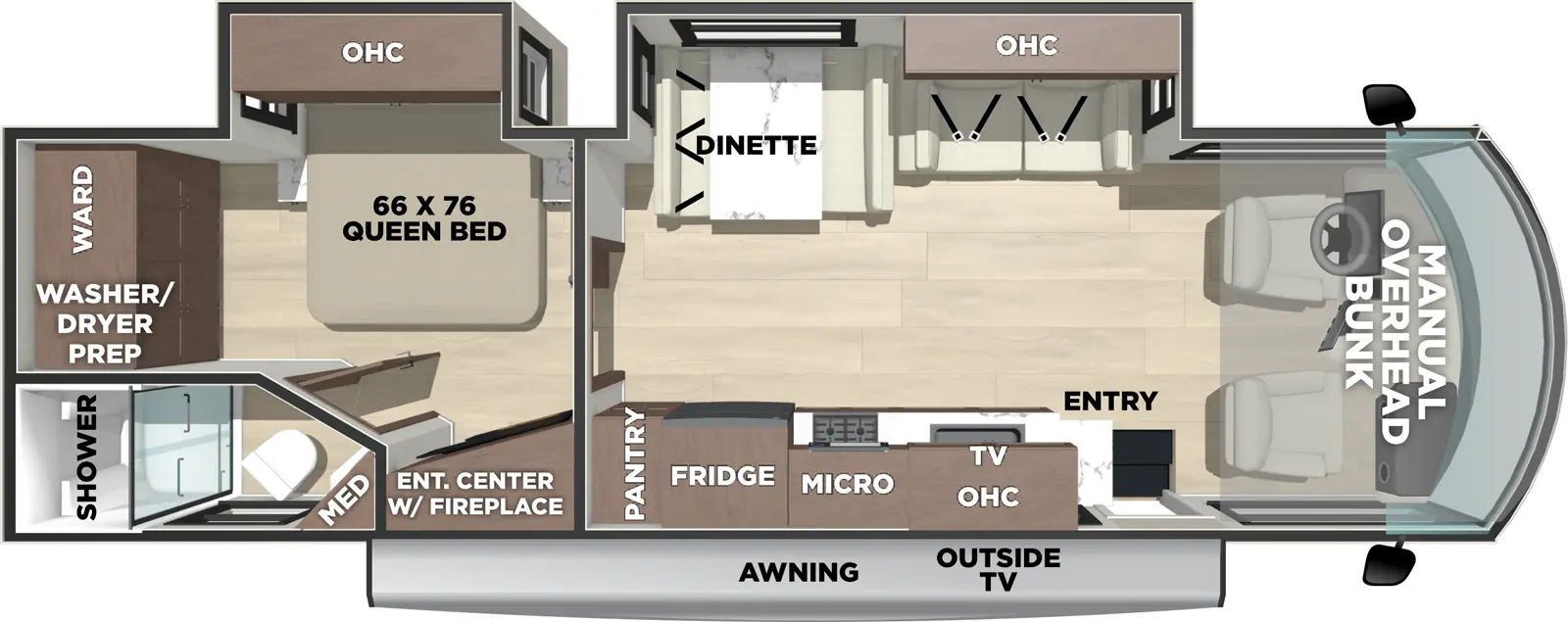 The Georgetown 3 Series GT3 29S3 floorplan has one entry and two slide outs. Exterior features include: 17' awning and outside entertainment. Interiors features include: rear bedroom, bunk over cab and dinette.